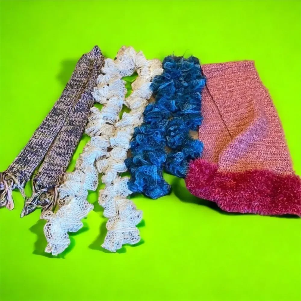 4 Handmade knitted, crocheted, scarfs bundle of 4